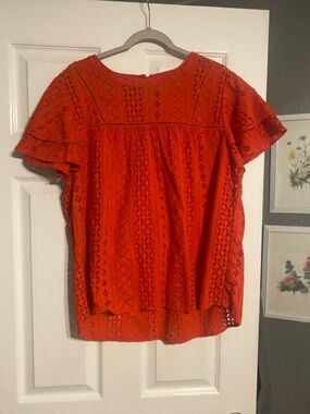 Pleione Orange Eyelet Flutter-Sleeve Blouse